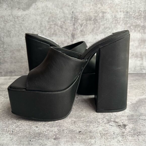 STEVE MADDEN TRIXIE BLACK LEATHER PLATFORM BLOCK HEEL SANDALS SIZE 9.5 - Picture 8 of 12